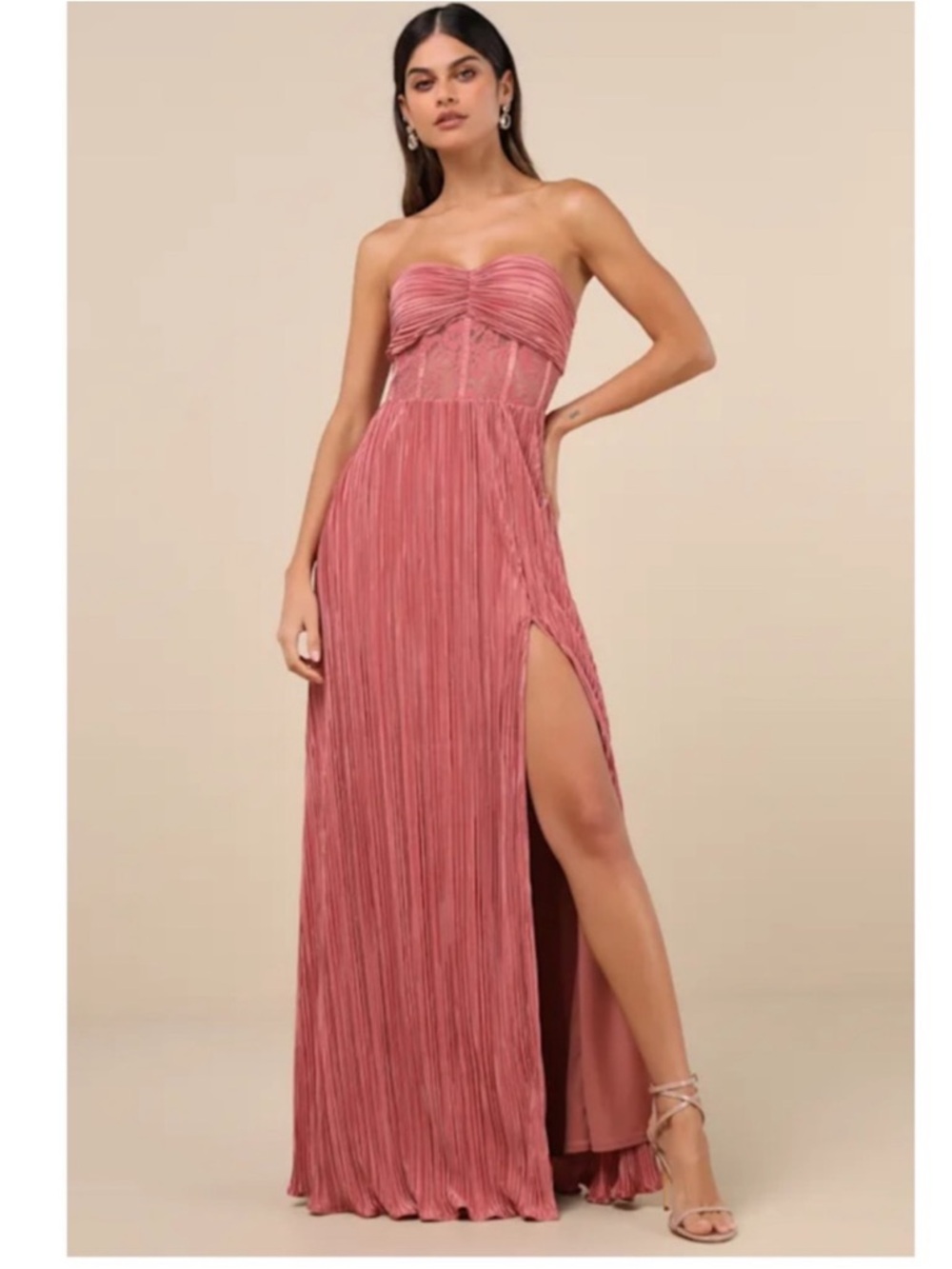 New Lulus Strapless Rose-Pink Pleated Maxi Dress with High Slit Sz Medium